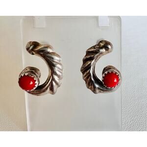 Vintage Sterling Silver Red Coral Earrings Twisted Native Boho Style Pierced
